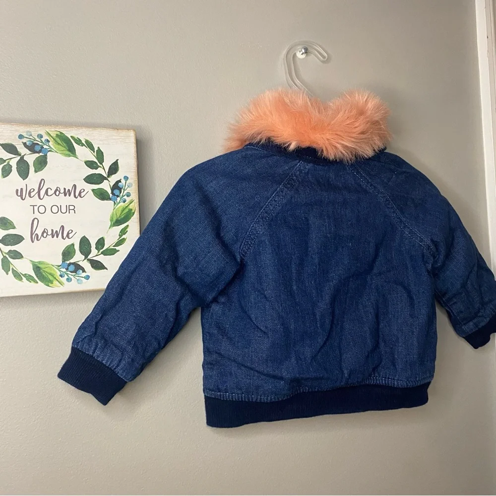 Gymboree Baby Girl Jean Jacket Lined Coat With Removable Pink Fur Collar 6-12M